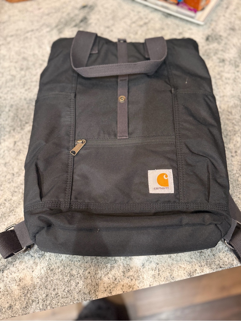 Carhartt Black Canvas Backpack Tote with Gold Logo Patch